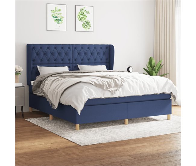 Conforama Cama Box Spring Con Colchón Tela Azul 160x200 Cm Diseño De Botones