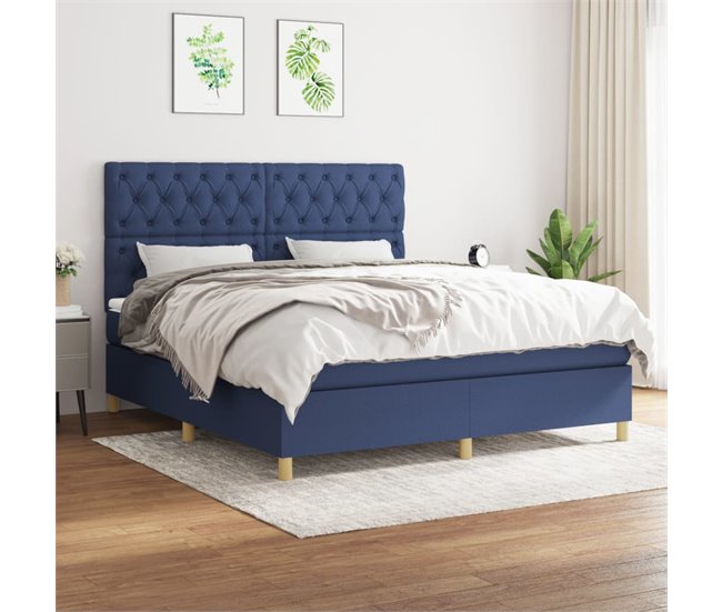 Conforama Cama Box Spring Con Colchón Tela Azul 160x200 Cm Diseño De Botones