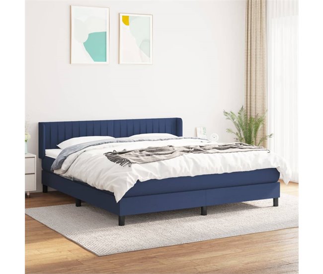 Conforama Cama Box Spring Con Colchón Tela Azul 160x200 Cm Rayas Verticales