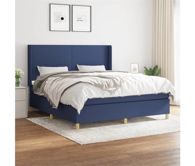 Conforama Cama Box Spring Con Colchón Tela Azul 180x200 Cm Diseño Plano