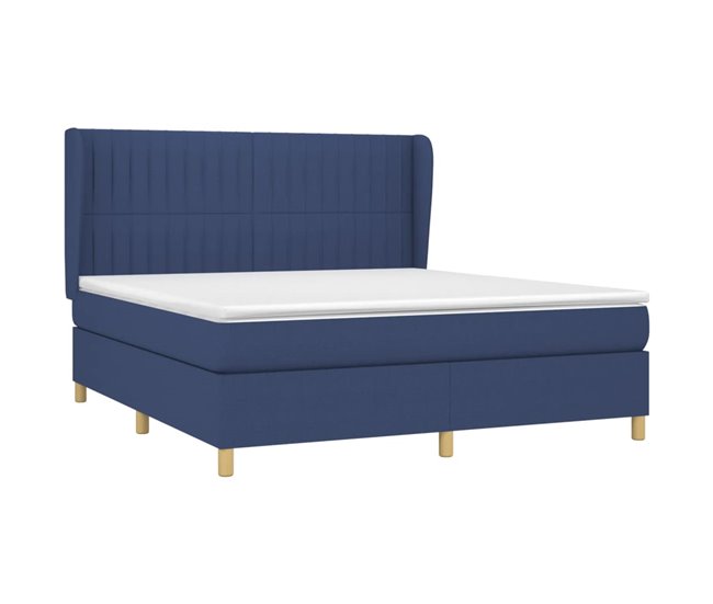 Conforama Cama Box Spring Con Colchón Tela Azul 180x200 Cm Rayas Verticales