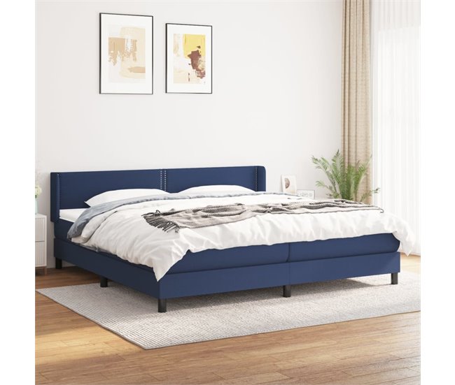 Conforama Cama Box Spring Con Colchón Tela Azul 200x200 Cm Liso Con Clavos
