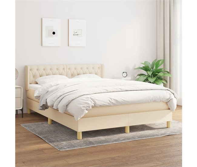 Conforama Cama Box Spring Con Colchón Tela Color Crema 140x190 Cm Diseño De Botones