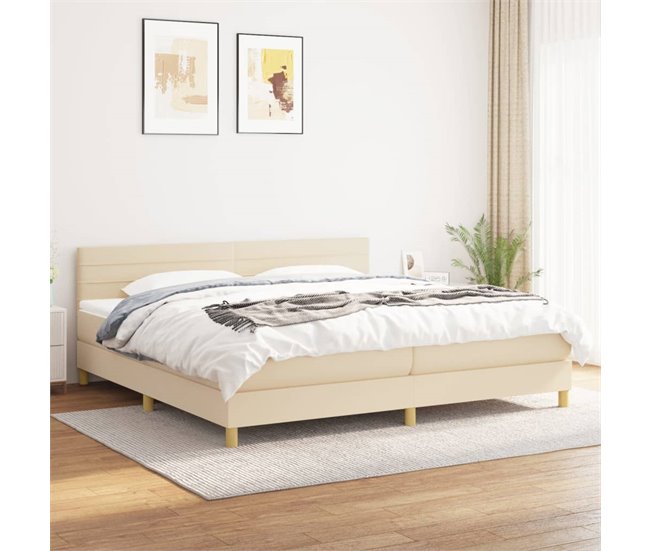 Conforama Cama Box Spring Con Colchón Tela Color Crema 200x200 Cm Rayas Horizontales