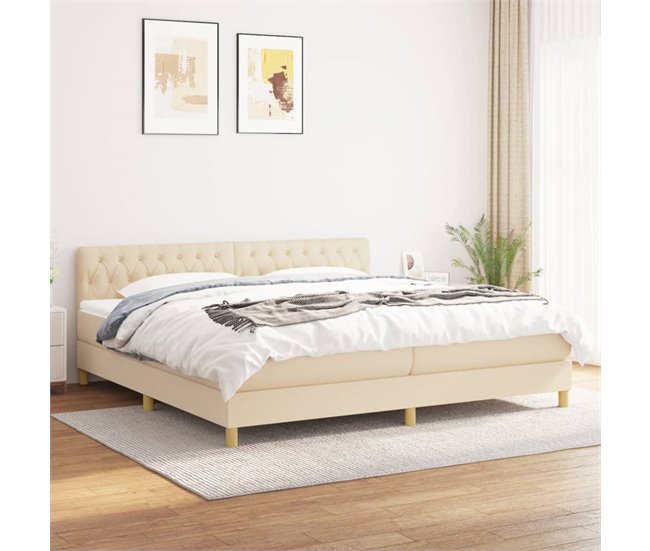 Conforama Cama Box Spring Con Colchón Tela Color Crema 200x200 Cm Diseño De Botones