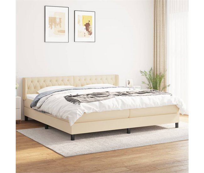 Conforama Cama Box Spring Con Colchón Tela Color Crema 200x200 Cm Diseño De Botones