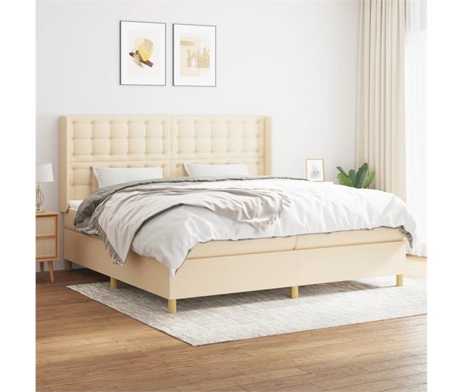 Conforama Cama Box Spring Con Colchón Tela Color Crema 200x200 Cm Botones