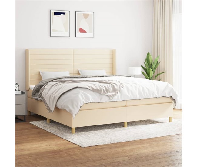 Conforama Cama Box Spring Con Colchón Tela Color Crema 200x200 Cm Rayas Horizontales