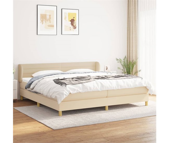 Conforama Cama Box Spring Con Colchón Tela Color Crema 200x200 Cm Rayas Horizontales