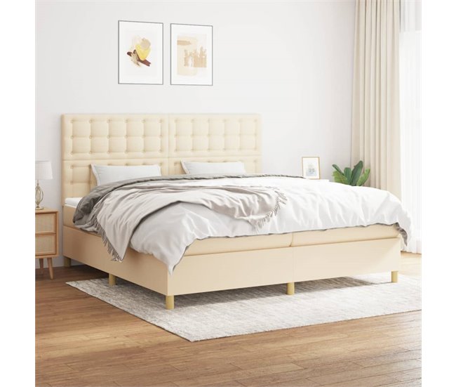 Conforama Cama Box Spring Con Colchón Tela Color Crema 200x200 Cm Botones