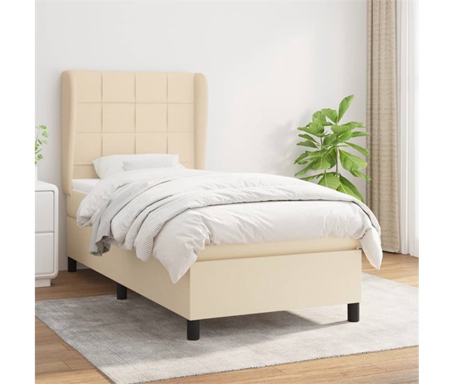 Conforama Cama Box Spring Con Colchón Tela Color Crema 90x200 Cm Bloques Con Cuadros