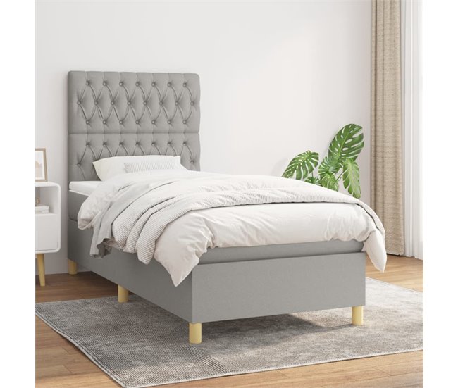 Conforama Cama Box Spring Con Colchón Tela Gris Claro 100x200 Cm Diseño De Botones