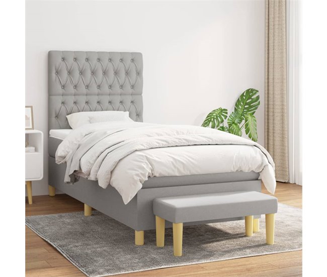 Conforama Cama Box Spring Con Colchón Tela Gris Claro 100x200 Cm Diseño De Botones