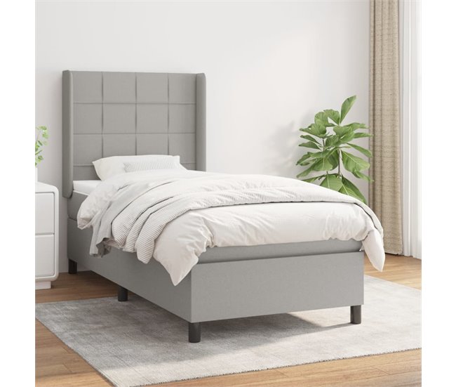 Conforama Cama Box Spring Con Colchón Tela Gris Claro 100x200 Cm Bloques Con Cuadros