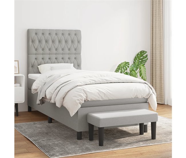Conforama Cama Box Spring Con Colchón Tela Gris Claro 100x200 Cm Diseño De Botones