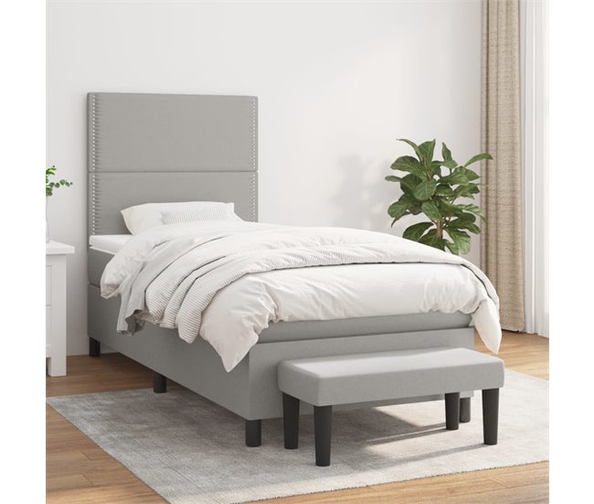 Conforama Cama Box Spring Con Colchón Tela Gris Claro 100x200 Cm Liso Con Clavos