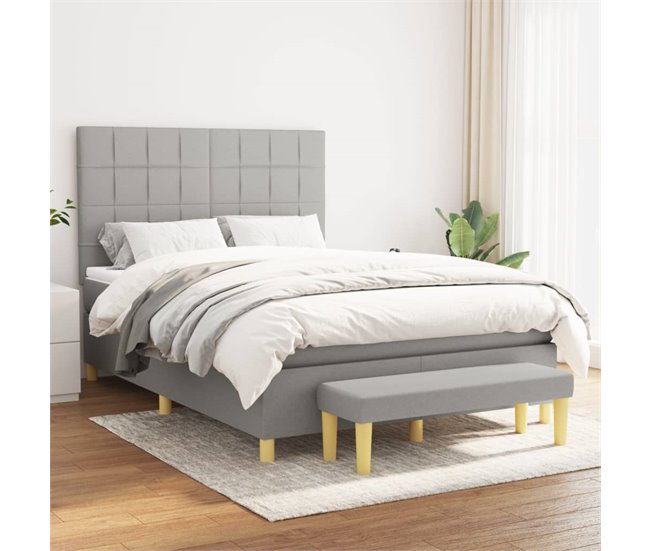 Conforama Cama Box Spring Con Colchón Tela Gris Claro 140x190 Cm Bloques Con Cuadros