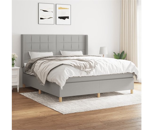 Conforama Cama Box Spring Con Colchón Tela Gris Claro 160x200 Cm Bloques Con Cuadros