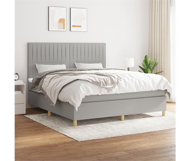 Conforama Cama Box Spring Con Colchón Tela Gris Claro 160x200 Cm Rayas Verticales