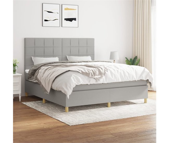 Conforama Cama Box Spring Con Colchón Tela Gris Claro 160x200 Cm Bloques Con Cuadros
