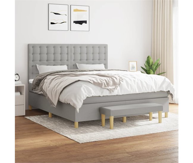 Conforama Cama Box Spring Con Colchón Tela Gris Claro 160x200 Cm Botones
