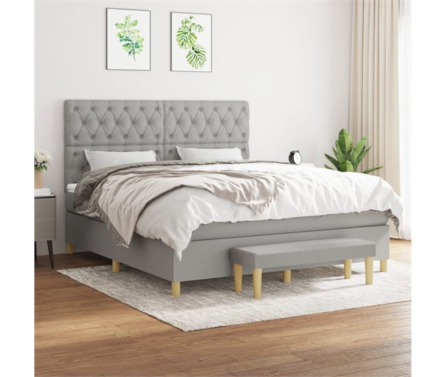 Conforama Cama Box Spring Con Colchón Tela Gris Claro 160x200 Cm Diseño De Botones