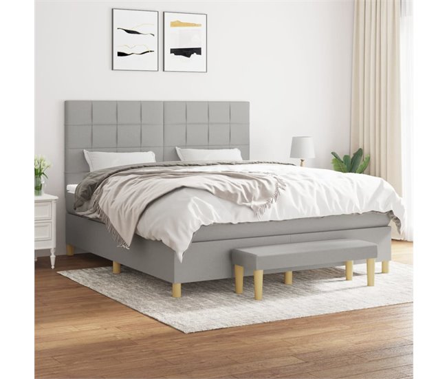 Conforama Cama Box Spring Con Colchón Tela Gris Claro 160x200 Cm Bloques Con Cuadros