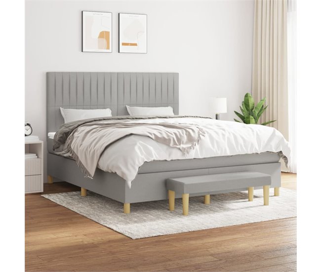 Conforama Cama Box Spring Con Colchón Tela Gris Claro 160x200 Cm Rayas Verticales