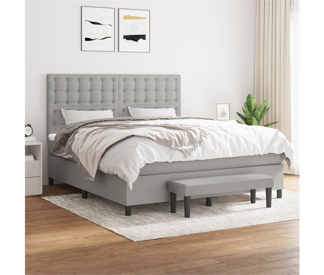 Conforama Cama Box Spring Con Colchón Tela Gris Claro 160x200 Cm Botones