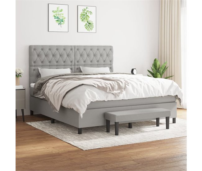 Conforama Cama Box Spring Con Colchón Tela Gris Claro 160x200 Cm Diseño De Botones
