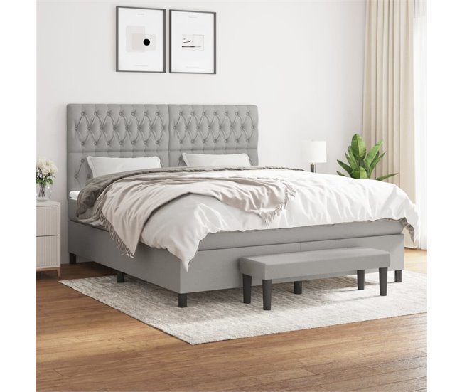 Conforama Cama Box Spring Con Colchón Tela Gris Claro 180x200 Cm Diseño De Botones
