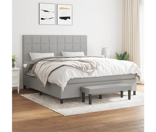 Conforama Cama Box Spring Con Colchón Tela Gris Claro 180x200 Cm Bloques Con Cuadros