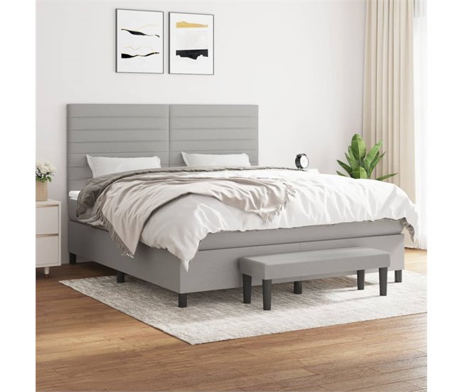 Conforama Cama Box Spring Con Colchón Tela Gris Claro 180x200 Cm Rayas Horizontales