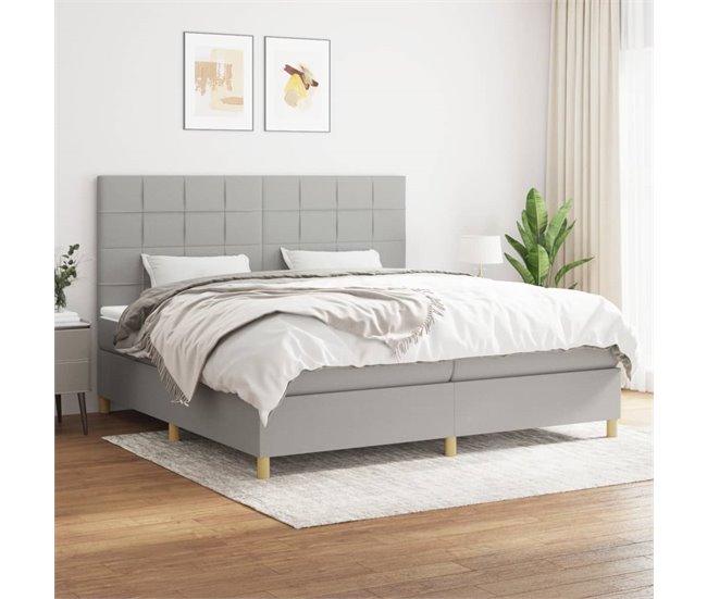Conforama Cama Box Spring Con Colchón Tela Gris Claro 200x200 Cm Bloques Con Cuadros