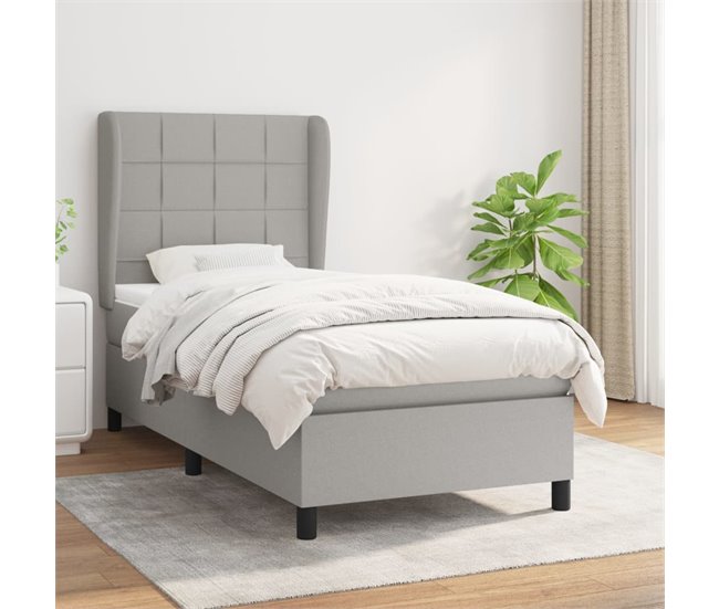 Conforama Cama Box Spring Con Colchón Tela Gris Claro 80x200 Cm Bloques Con Cuadros