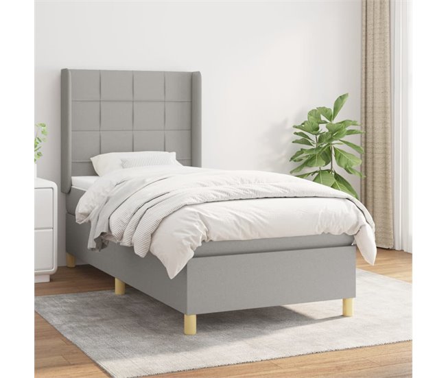Conforama Cama Box Spring Con Colchón Tela Gris Claro 80x200 Cm Bloques Con Cuadros