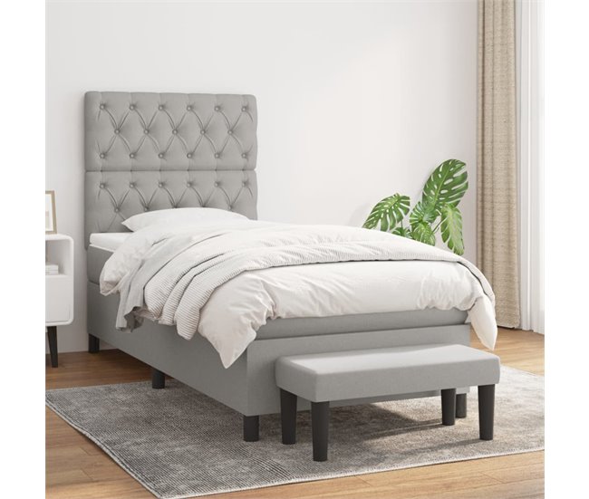 Conforama Cama Box Spring Con Colchón Tela Gris Claro 80x200 Cm Diseño De Botones