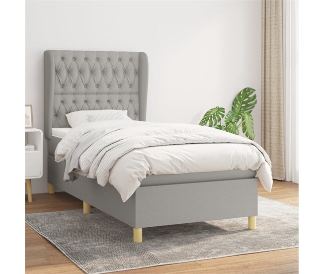 Conforama Cama Box Spring Con Colchón Tela Gris Claro 90x190 Cm Diseño De Botones