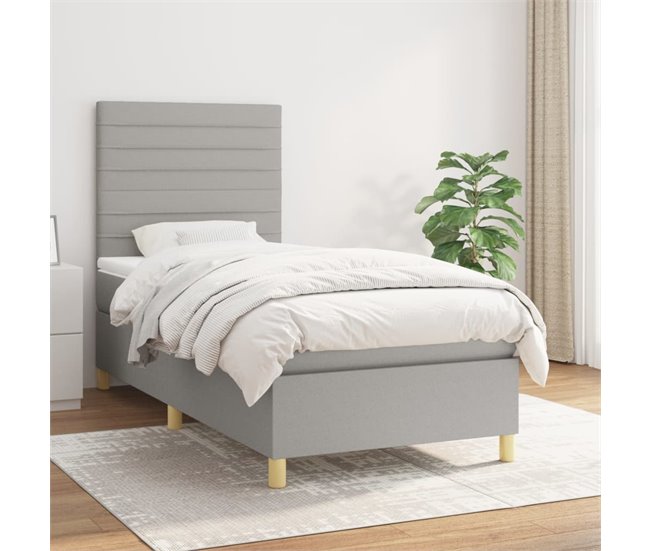 Conforama Cama Box Spring Con Colchón Tela Gris Claro 90x190 Cm Rayas Horizontales