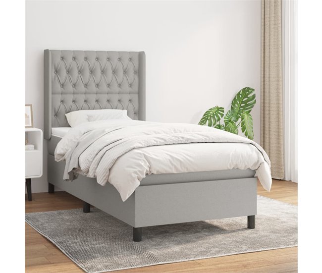 Conforama Cama Box Spring Con Colchón Tela Gris Claro 90x200 Cm Diseño De Botones
