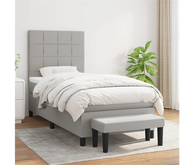Conforama Cama Box Spring Con Colchón Tela Gris Claro 90x200 Cm Bloques Con Cuadros