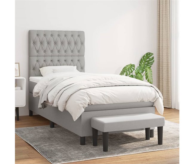 Conforama Cama Box Spring Con Colchón Tela Gris Claro 90x200 Cm Diseño De Botones