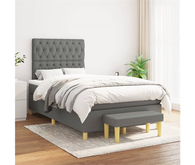 Conforama Cama Box Spring Con Colchón Tela Gris Oscuro 120x200 Cm Diseño De Botones