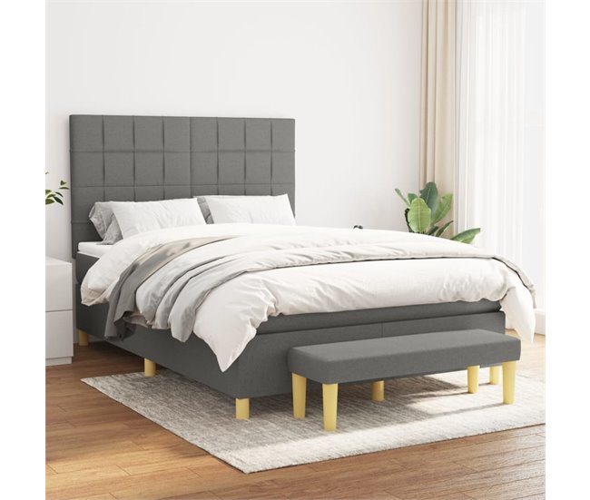 Conforama Cama Box Spring Con Colchón Tela Gris Oscuro 140x200 Cm Bloques Con Cuadros