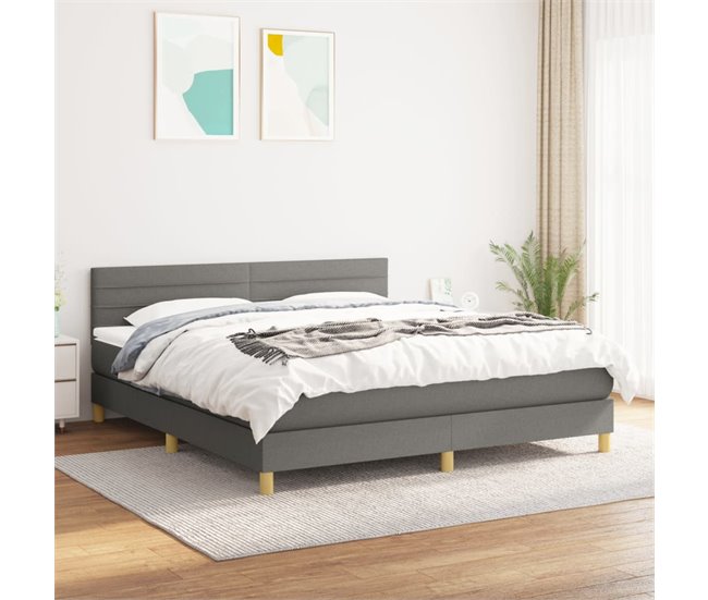 Conforama Cama Box Spring Con Colchón Tela Gris Oscuro 160x200 Cm Rayas Horizontales