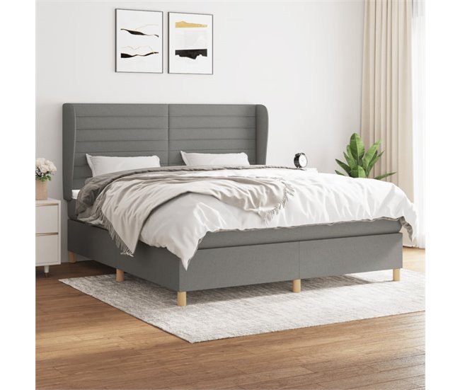 Conforama Cama Box Spring Con Colchón Tela Gris Oscuro 160x200 Cm Rayas Horizontales