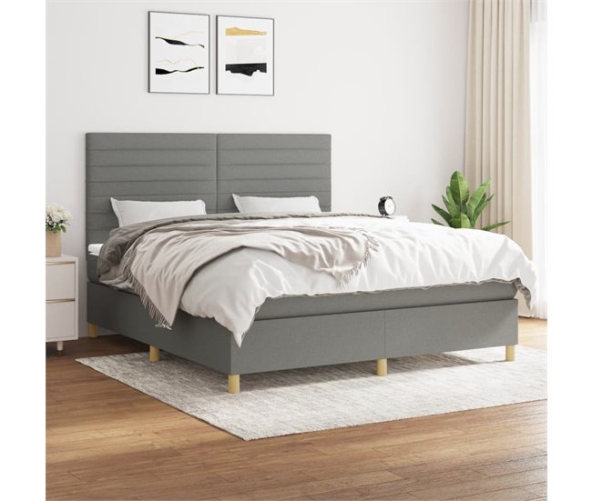 Conforama Cama Box Spring Con Colchón Tela Gris Oscuro 160x200 Cm Rayas Horizontales