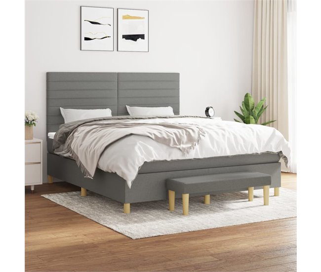 Conforama Cama Box Spring Con Colchón Tela Gris Oscuro 160x200 Cm Rayas Horizontales
