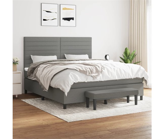 Conforama Cama Box Spring Con Colchón Tela Gris Oscuro 160x200 Cm Rayas Horizontales
