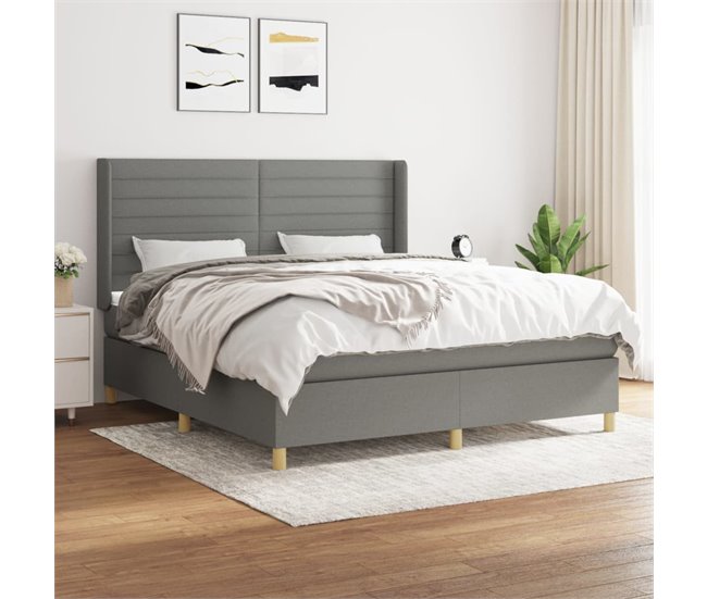 Conforama Cama Box Spring Con Colchón Tela Gris Oscuro 180x200 Cm Rayas Horizontales